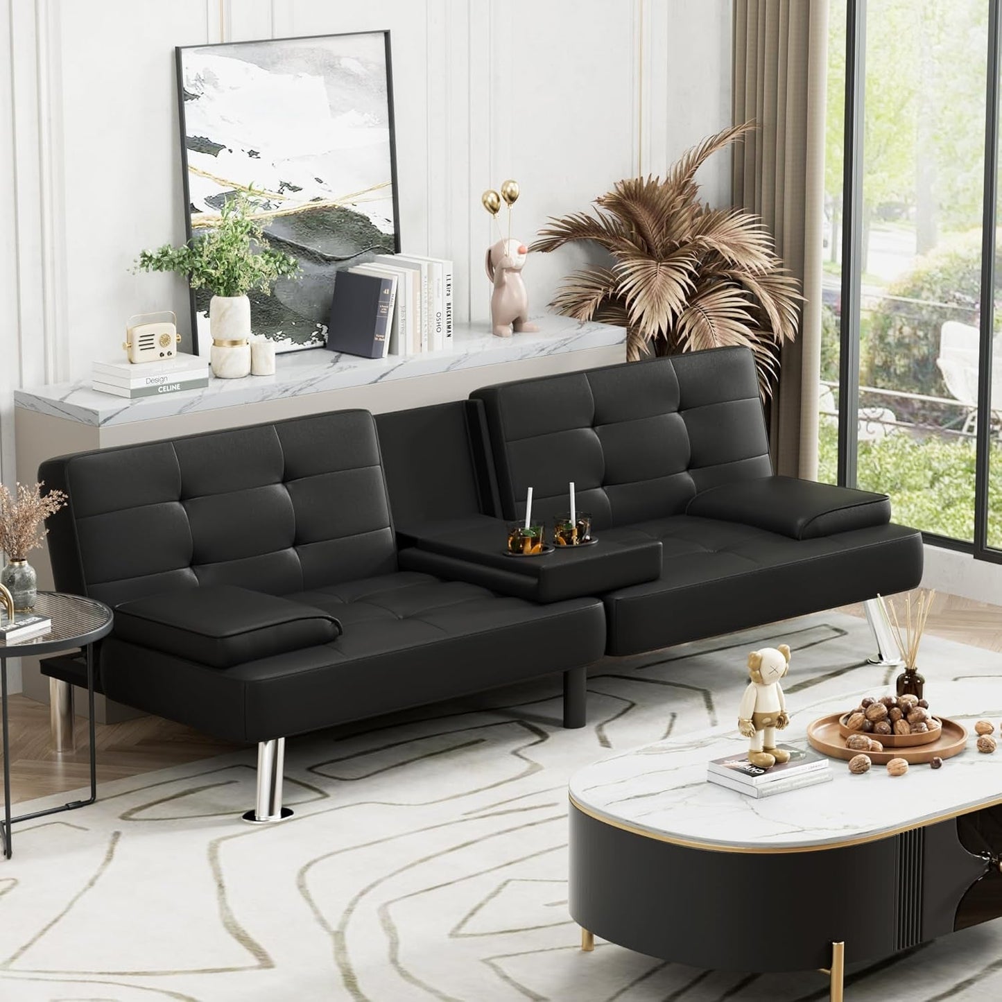 Stylish Leather Futon Sofa Bed with Adjustable Armrests-1