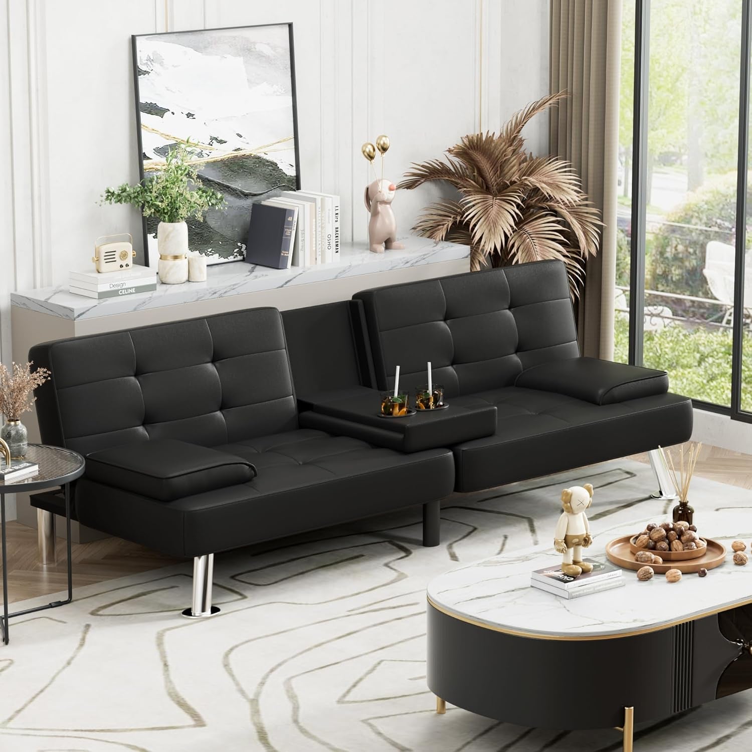 Stylish Leather Futon Sofa Bed with Adjustable Armrests-1