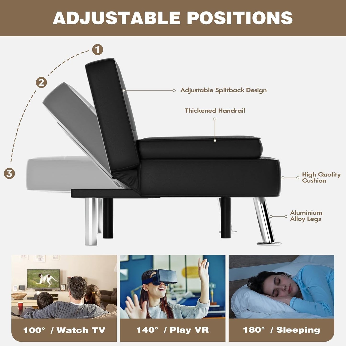 Stylish Leather Futon Sofa Bed with Adjustable Armrests-4