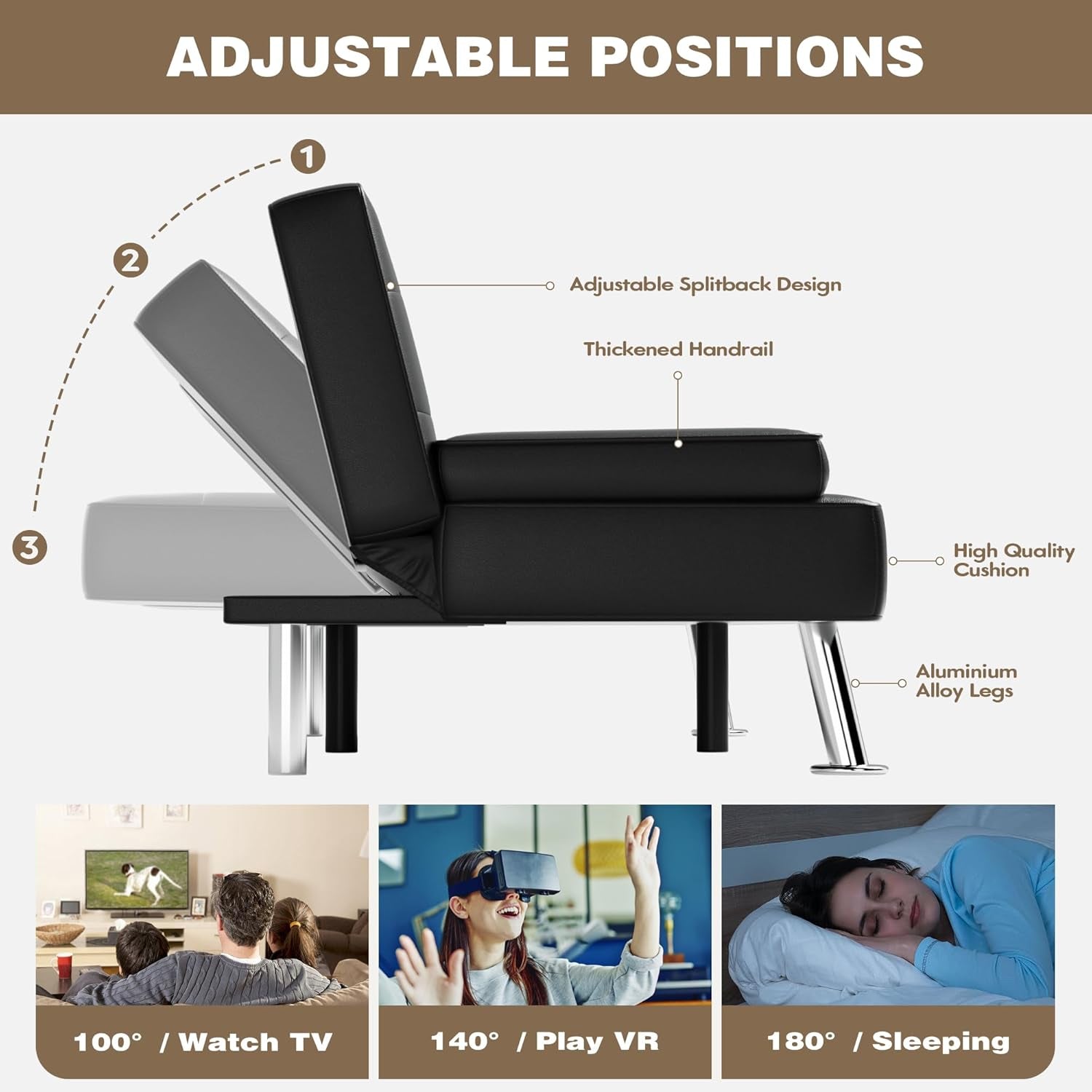 Stylish Leather Futon Sofa Bed with Adjustable Armrests-4