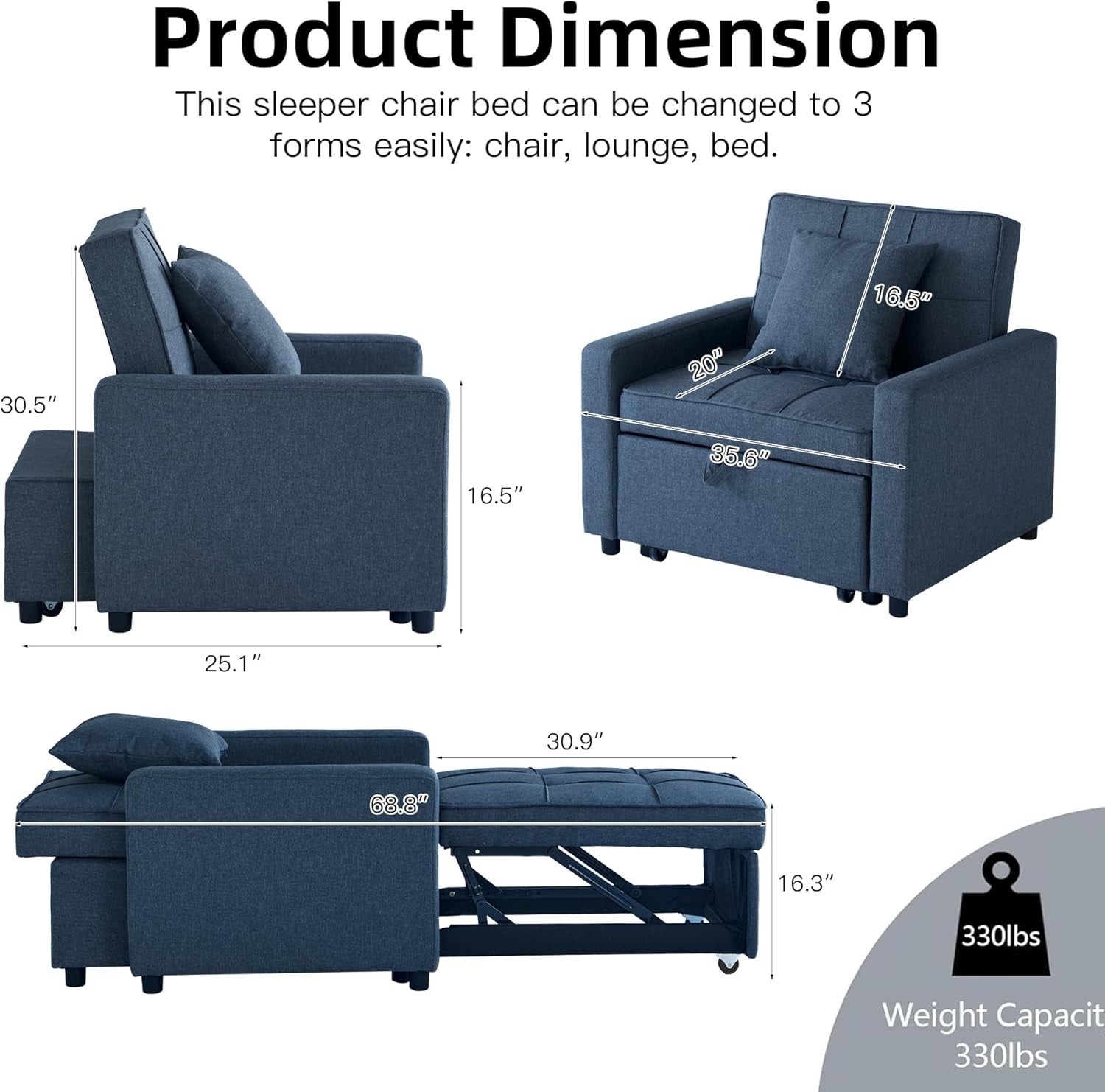 Convertible Sofa Bed Chair with Reclining Backrest-1