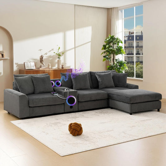 114 Inch Corduroy Sectional Couch With Bluetooth Speakers-0