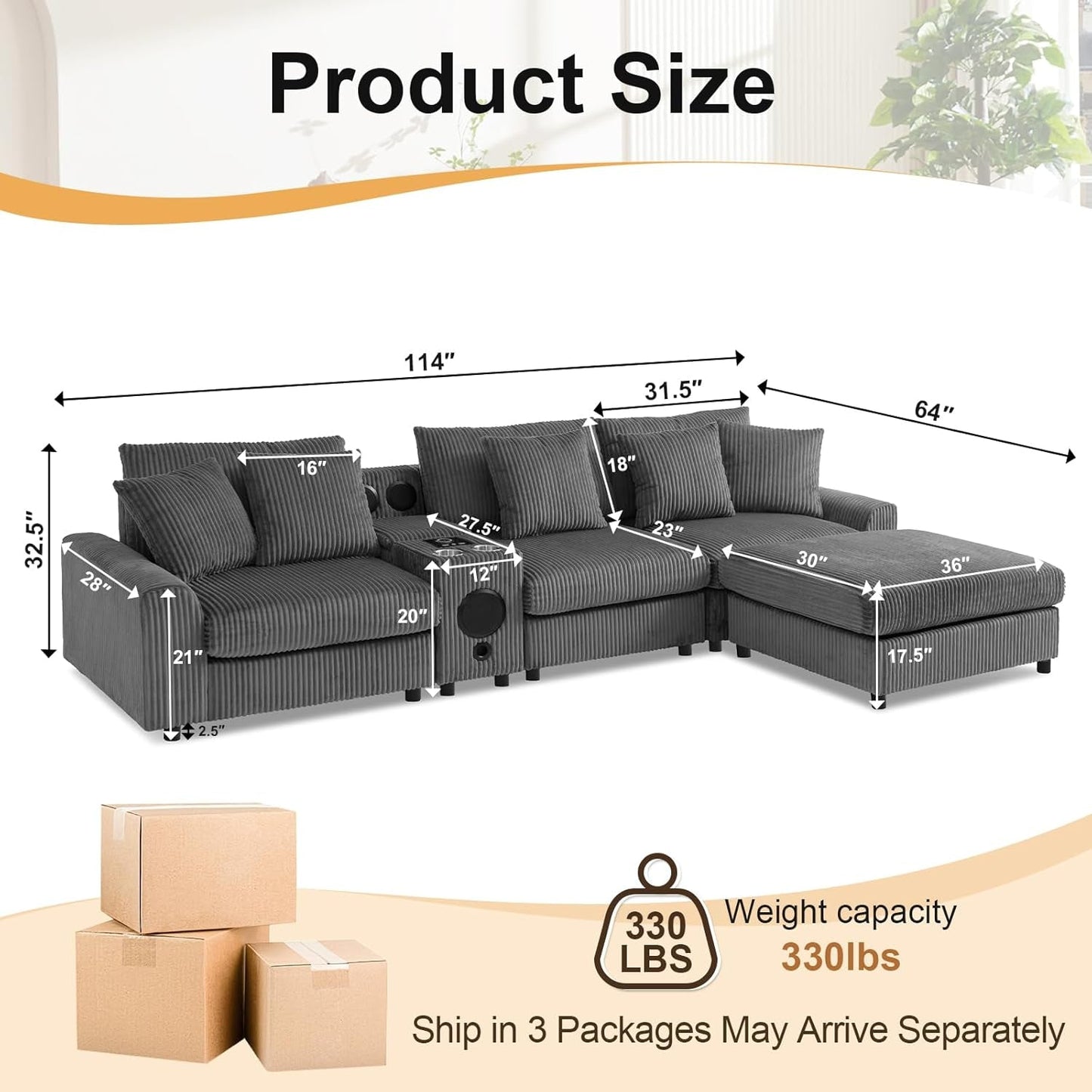 114 Inch Corduroy Sectional Couch With Bluetooth Speakers-1