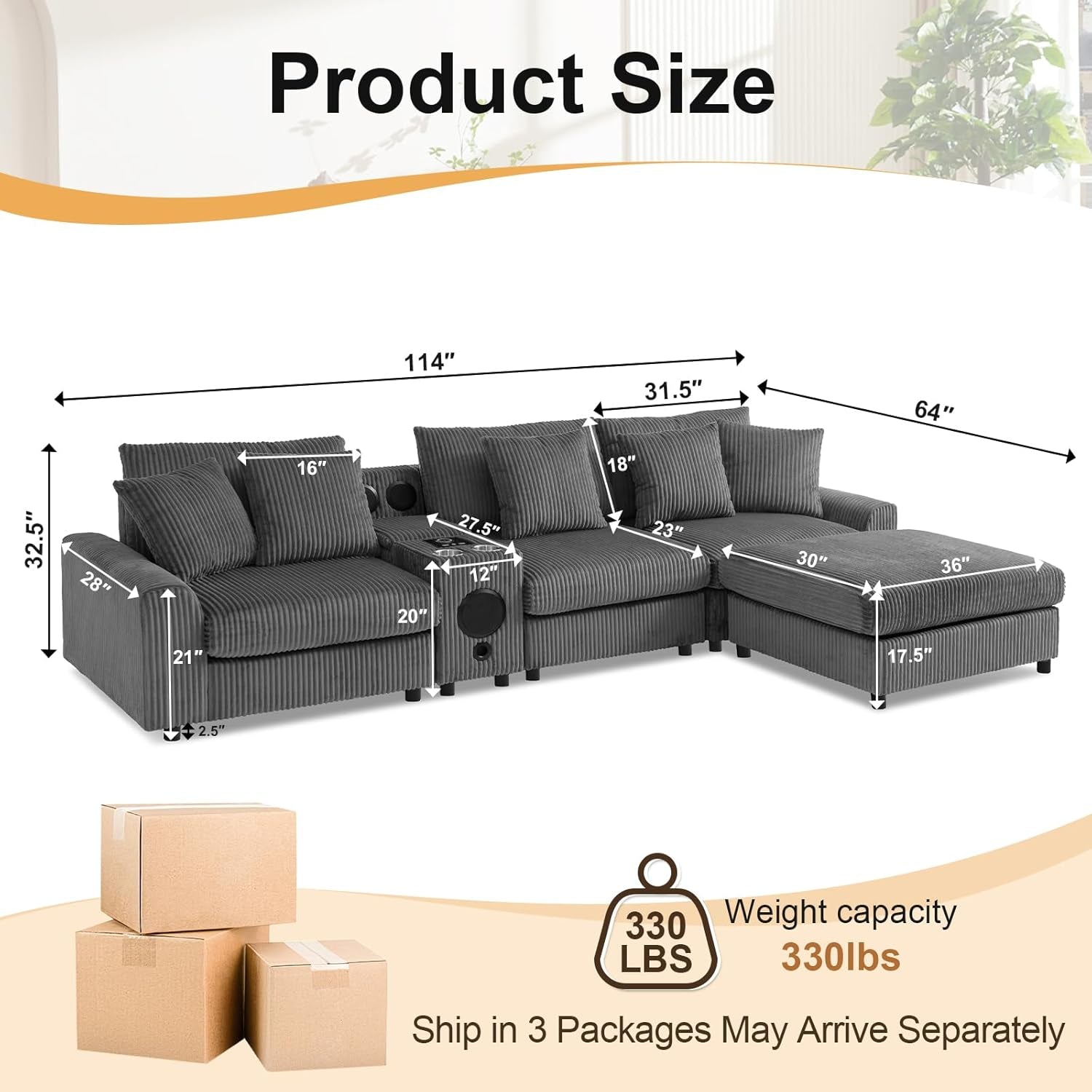 114 Inch Corduroy Sectional Couch With Bluetooth Speakers-1