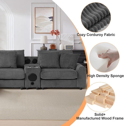 114 Inch Corduroy Sectional Couch With Bluetooth Speakers-2