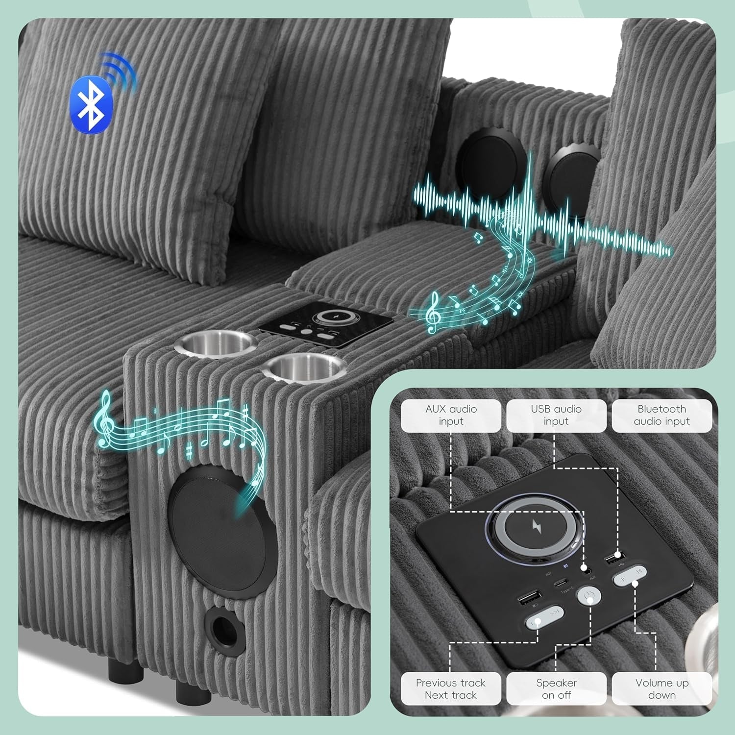 114 Inch Corduroy Sectional Couch With Bluetooth Speakers-3