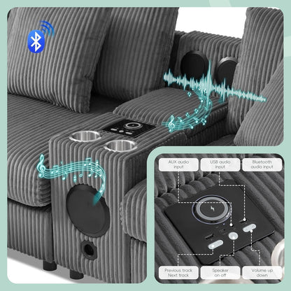 114 Inch Corduroy Sectional Couch With Bluetooth Speakers-3