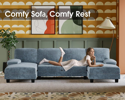 Sectional Couches for Living Room, U-Shaped Sofa Couch with Linen Fabric, 4 Seat Sofa Set with Double Chaise for Apartment (Fabric, Light Blue)-3