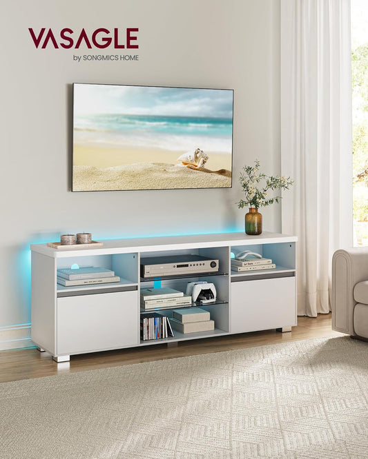 TV Stand with LED Lights for Tvs up to 70 Inch, Entertainment Center with Open Glass Shelves, 2 Cabinets with Doors, 63-Inch Long, TV Console for Bedroom Living Room, White ULTV330T10-1