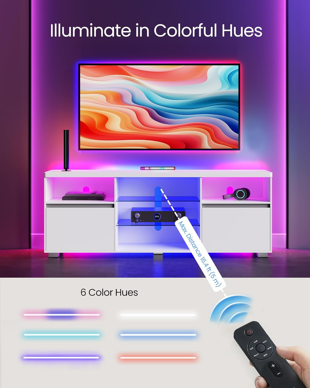 TV Stand with LED Lights for Tvs up to 70 Inch, Entertainment Center with Open Glass Shelves, 2 Cabinets with Doors, 63-Inch Long, TV Console for Bedroom Living Room, White ULTV330T10-2