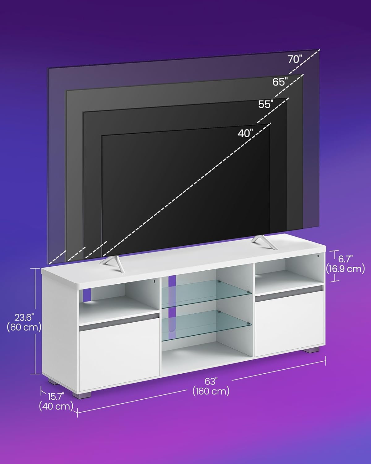 TV Stand with LED Lights for Tvs up to 70 Inch, Entertainment Center with Open Glass Shelves, 2 Cabinets with Doors, 63-Inch Long, TV Console for Bedroom Living Room, White ULTV330T10-4