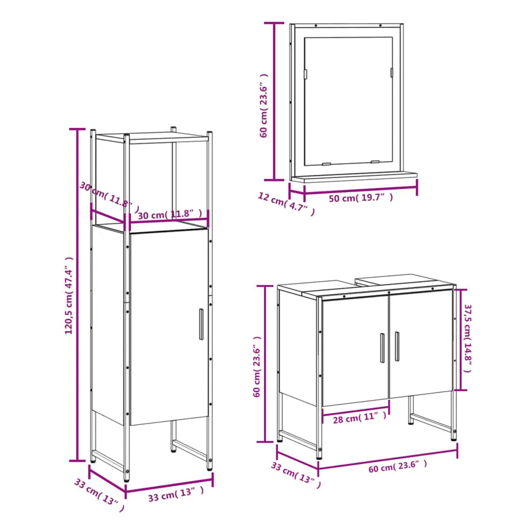 vidaXL Bathroom Cabinet Set Furniture Wall Mirror 3 Piece Engineered Wood-2