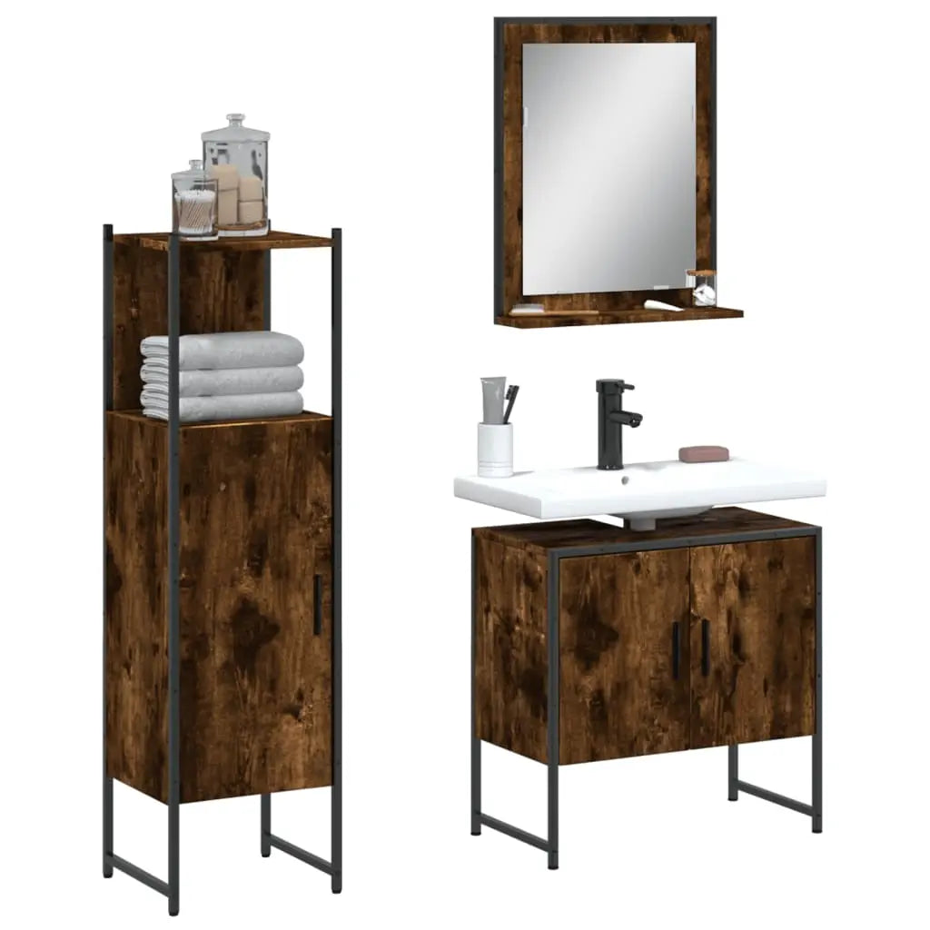 vidaXL Bathroom Cabinet Set Furniture Wall Mirror 3 Piece Engineered Wood-6