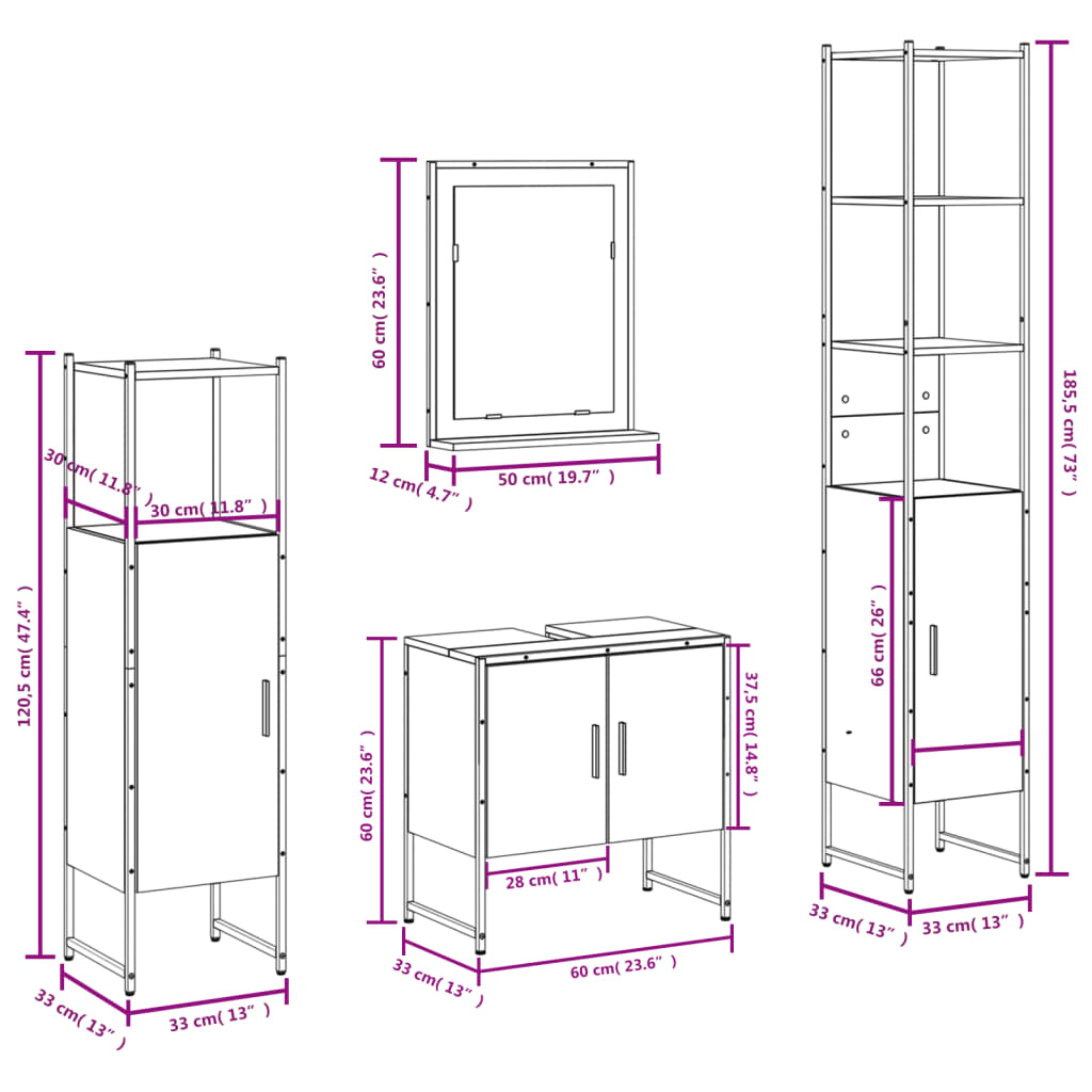 vidaXL Bathroom Cabinet Set Furniture Wall Mirror 4 Piece Engineered Wood-2